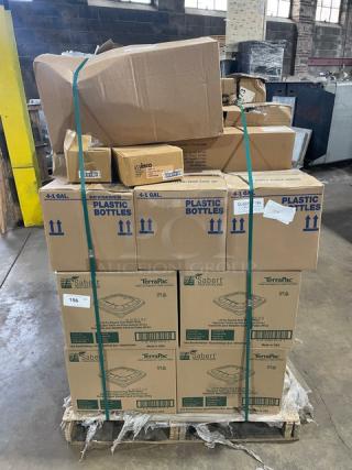 Mixed pallet of commercial items including Gaylord exhaust hood cleaner, Sabert pulp bowl lids, and Winco products. Boxes are sealed and stacked.