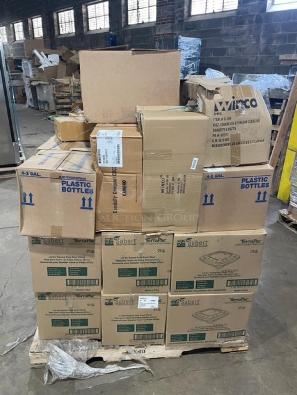 Brand new mixed pallet containing Gaylord Exhaust Hood Cleaner, Sabert 16 oz. Pulp Bowl Lids, Winco Bottle Opener, and more.