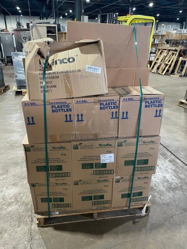 Brand new mixed pallet with Gaylord cleaners, Sabert lids, Winco kitchen tools, and Cambro dolly on casters. Various models.