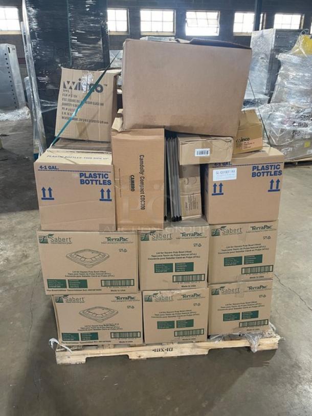 Mixed pallet with Gaylord system cleaner, Sabert lids, Winco opener, brooms, brushes, cruet, shakers, stainless bottom, and Cambro dolly.