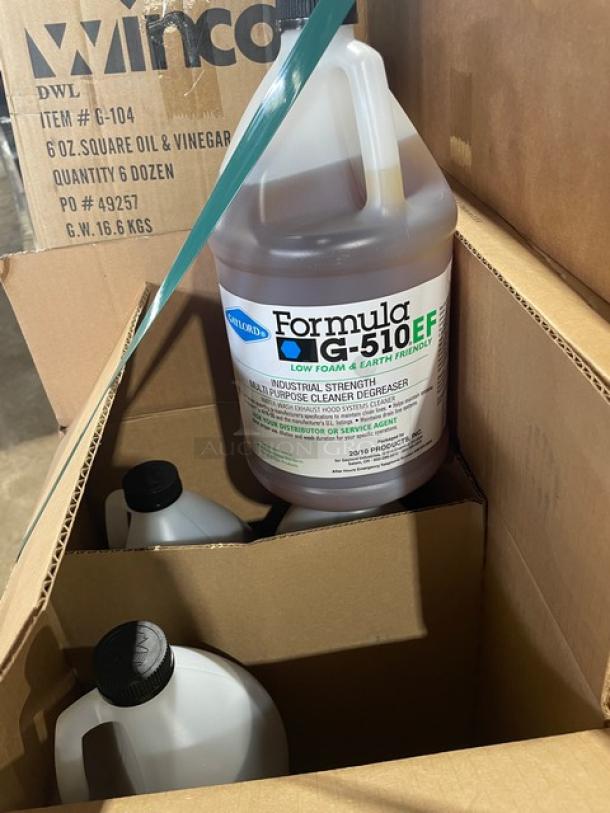 Brand new Gaylord G-510EF low foam cleaner in carton with Winco G-104 spice shakers. Appears in original packaging.