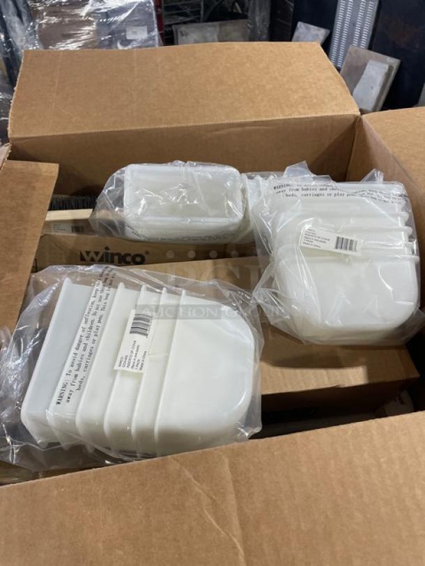 Mixed pallet of commercial kitchen items in boxes, featuring Winco and Cambro products, brand new with labels visible.