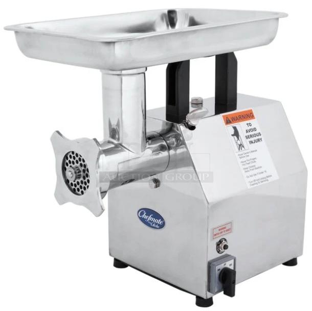 Brand new Globe Chefmate CM12 commercial stainless steel meat chopper with serial number 12210875, on legs. 115V, 1 phase.