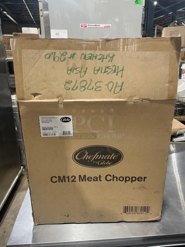 Brand new Globe Chefmate CM12 meat chopper in box, electric-powered, stainless steel, 250 lb capacity, model CM12, 115V, 1 phase.