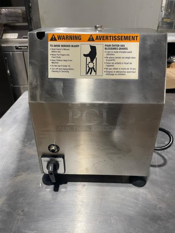 BRAND NEW Globe Chefmate CM12 commercial stainless steel meat chopper with warning label, model CM12 SN: 12210875, 115V 1 Phase.