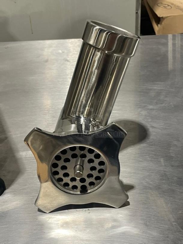 Brand new Globe Chefmate CM12 stainless steel meat chopper, electric, 250 lb capacity, on legs, 115V, commercial-grade.
