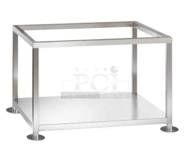 Brand new Alto-Shaam Combitherm Combi Oven Stand, model 5016083. Stainless steel with single undershelf on legs.