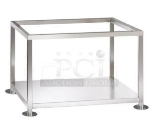 Brand new Alto-Shaam Combitherm Combi Oven Stand, model 5016083. Stainless steel with single undershelf on legs.