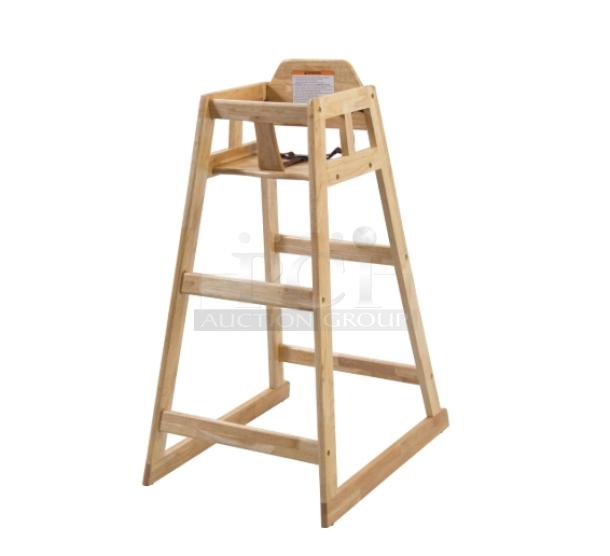 Brand new Winco CHH-601 stackable pub-height highchair, 32" natural wood, durable construction, commercial use.