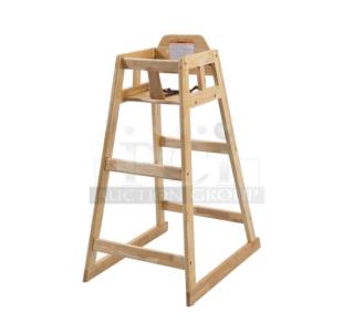 Brand new Winco CHH-601 stackable pub-height highchair, 32" natural wood, durable construction, commercial use.