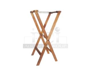 Brand new Winco TR-33W folding tray stand, walnut finish, 32 inches tall, commercial grade, durable construction.