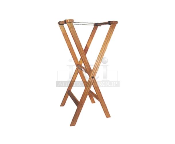 Brand new Winco TR-33W walnut-finished 32" folding tray stand, designed for commercial use.