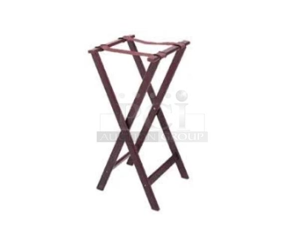 Brand new Winco 32" folding tray stand, Model TR-34W, with mahogany finish, ideal for commercial use.