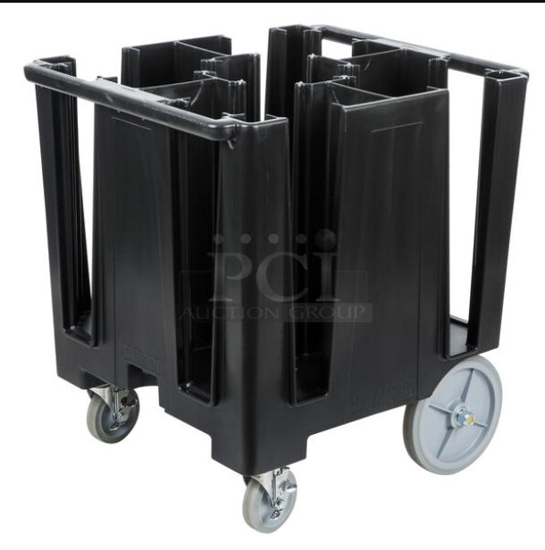 Brand new Cambro Versa Series black dish caddy, model DCS950110, on casters, durable construction.