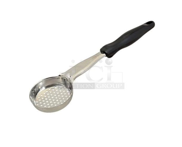 Brand new Vollrath Jacob’s Pride 3 Oz. perforated spoodle, Model 6432320, stainless steel, black grip handle.