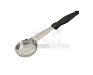 Brand new Vollrath Jacob’s Pride 3 Oz. perforated spoodle, Model 6432320, stainless steel, black grip handle.