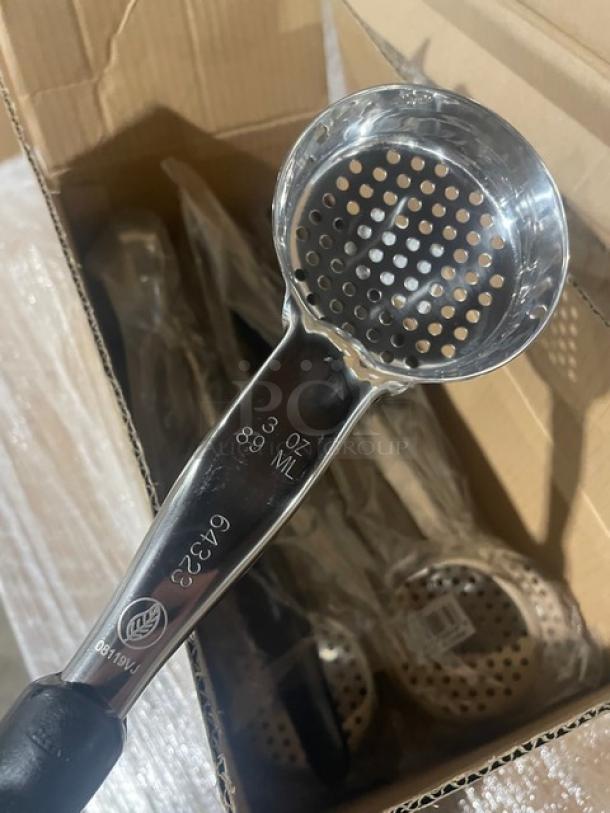 Brand new Vollrath 3 oz perforated spoodle, model 6432320, stainless steel, black grip handle, labeled with 3 oz/89 ml.