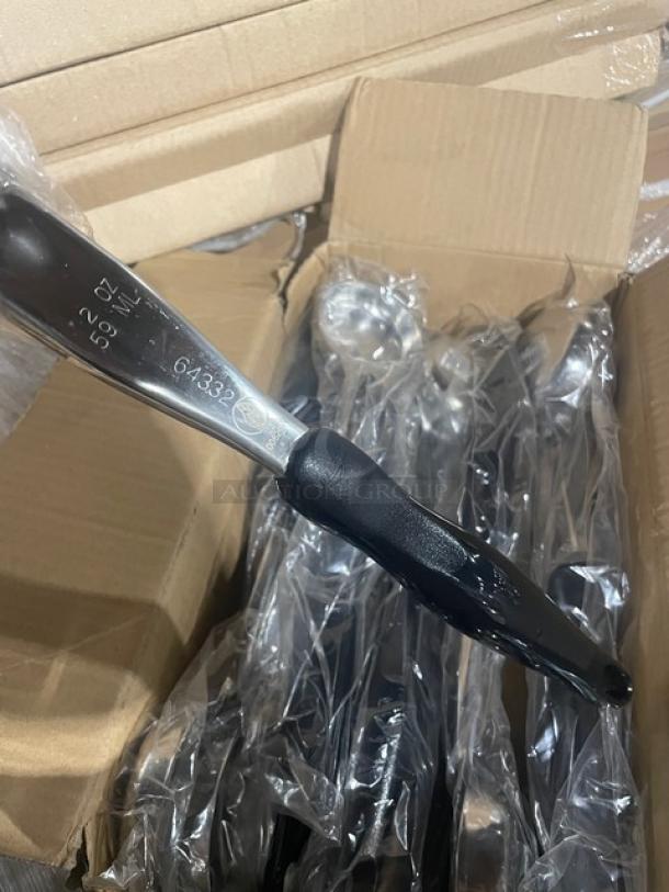 Brand new Vollrath stainless steel 2 oz spoodle, model 6433220, with black grip handle, in original packaging.
