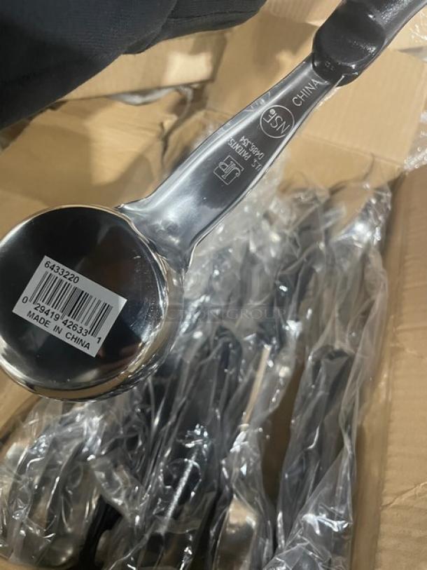 Brand new Vollrath 2 oz. stainless steel spoodle, model 6433220, with black grip handle. Made in China.