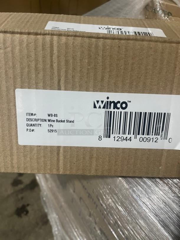 Winco WB-8S wine bucket stand, brand new, stainless steel, mirror shine finish, in original packaging with product label.