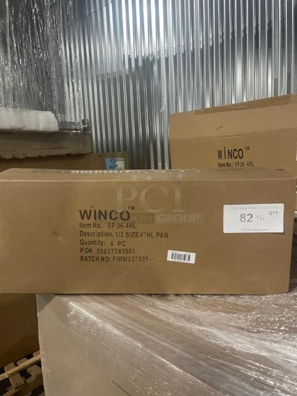 Brand new Winco SPJH-4HL stainless steel ½-size long anti-jam steam table pan, 4" deep, boxed set of 6.