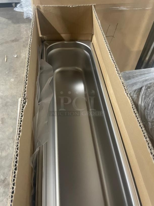 Brand new Winco stainless steel ½-size long anti-jam pan, 4” deep, model SPJH-4HL, in box.
