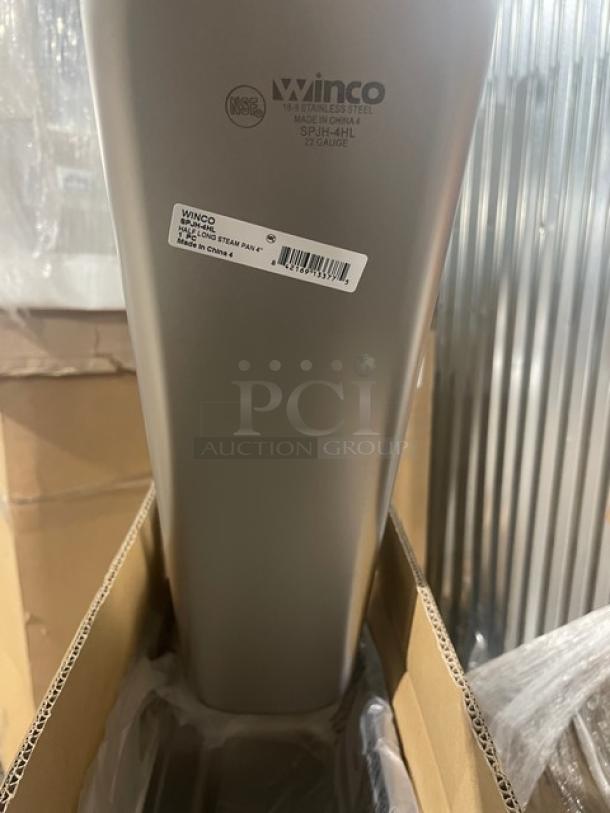 Brand new Winco SPJH-4HL stainless steel ½-size steamtable pan, anti-jam, 4" deep, in original packaging.