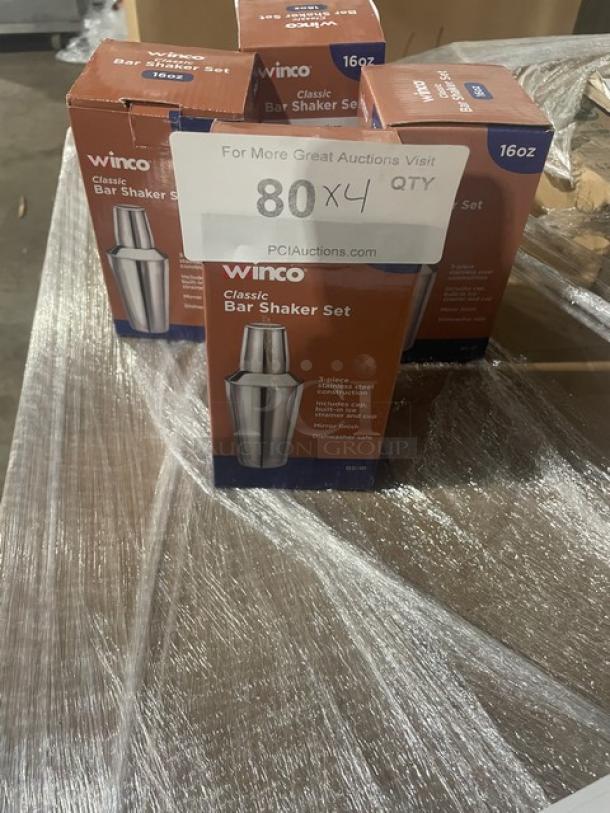 Winco BS-1P 16 oz. Classic Bar Shaker Set, mirror shine stainless steel, brand new in packaging. Lot of 4 sets.