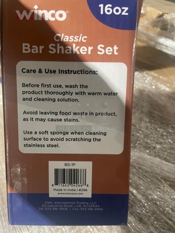 Winco 16 oz Classic Bar Shaker Set, Model BS-1P. Brand new in box with care instructions. Mirror shine stainless steel.