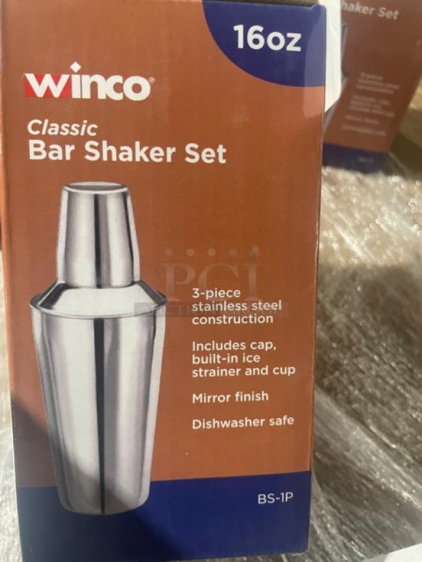 Winco BS-1P bar shaker set, mirror shine stainless steel, 16 oz, new. Includes cap, built-in strainer, cup. Dishwasher safe.