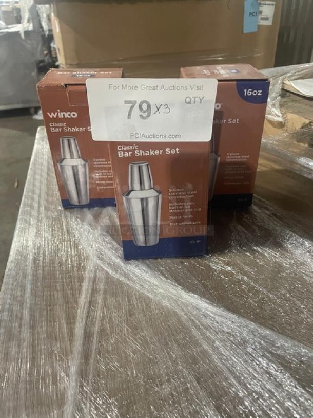Winco BS-1P 16 oz. bar shaker set, mirror shine stainless steel, brand new in packaging, 3 sets available.