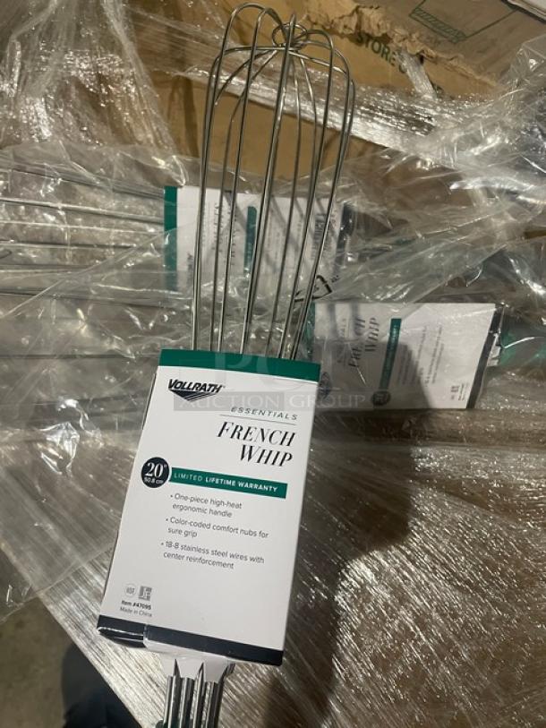Brand new Vollrath 20" French whip, model 47095, with stainless steel wires and nylon grip handle, in original packaging.