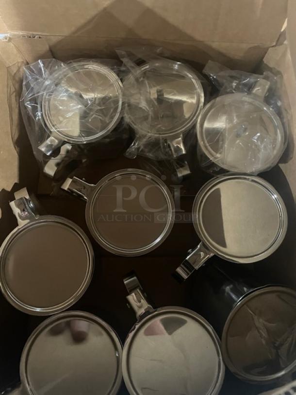 Winco SCT10F stackable stainless steel creamers, 10 oz, brand new with covers, in original packaging.