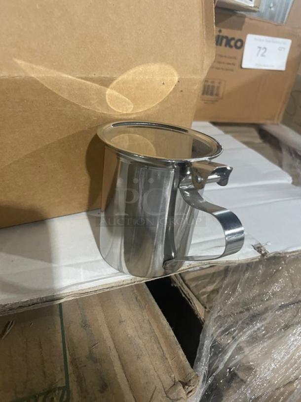 Winco SCT-10F stainless steel 10 oz. stackable creamer server with cover, brand new, shown on a cardboard box.