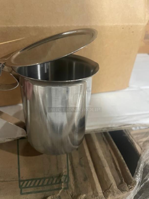 Brand new Winco SCT-10F stainless steel 10 oz. stackable creamer server with cover. Pristine condition.