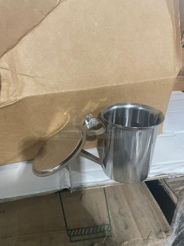 Winco SCT-10F stainless steel 10 oz stackable creamer server with cover, new condition, durable, ideal for commercial use.