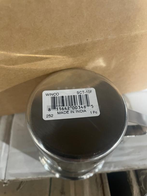 Winco SCT-10F stackable creamer server, stainless steel, 10 oz, with cover, new condition. Barcode label indicating "Made in India."
