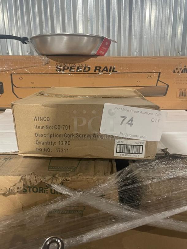 Box of 12 Winco CO-701 corkscrews, zinc alloy, mechanical butterfly design, tagged for auction, brand new condition.