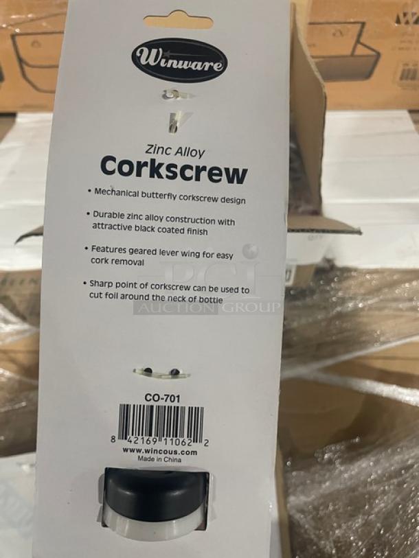 Winco CO-701 corkscrew, zinc alloy, butterfly design, black finish, geared lever wing, new in box with label details.