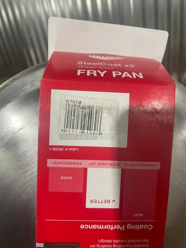 Vollrath Wear-Ever 10” fry pan, model 67610, with Steel Coat X3 and black grip handle, brand new with red packaging.