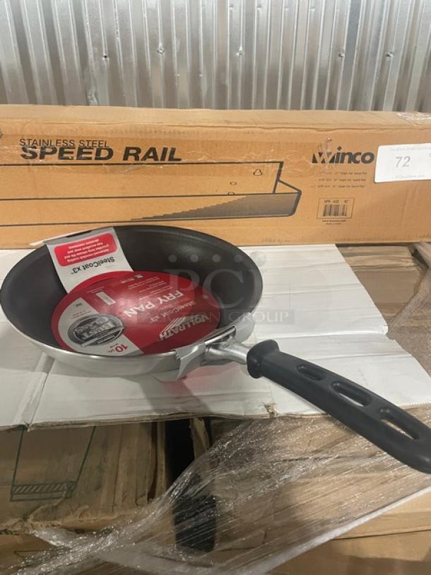 Brand new Vollrath Wear-Ever 10" round fry pan, model 67610, with Steel Coat X3 and black grip handle.