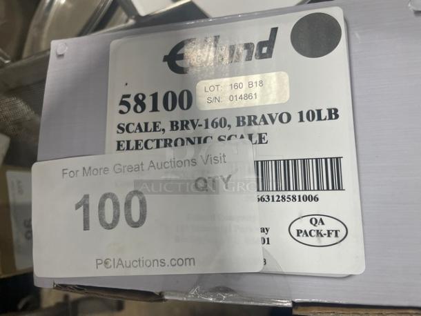 Brand new Edlund BRV-160 digital portion scale, 10 lb. capacity, stainless steel, LCD display, ClearShield cover. SN: 014861.
