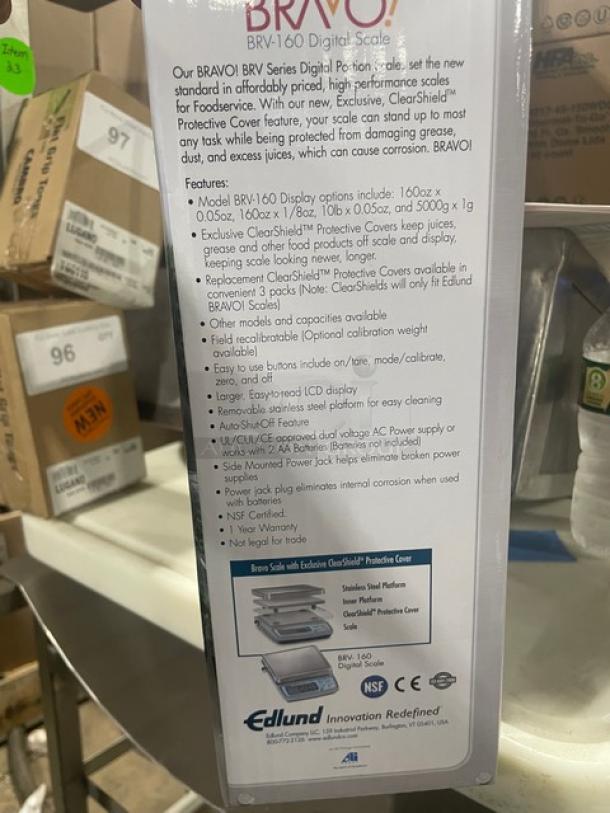Edlund BRV-160 digital portion scale box, featuring a 10 lb. capacity, ClearShield protective cover, and LCD display. Brand new condition.
