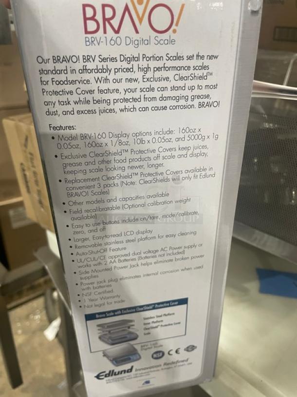 BRAND NEW Edlund Bravo Series BRV-160 Digital Portion Scale, stainless steel, 10 lb capacity, LCD display, ClearShield cover.