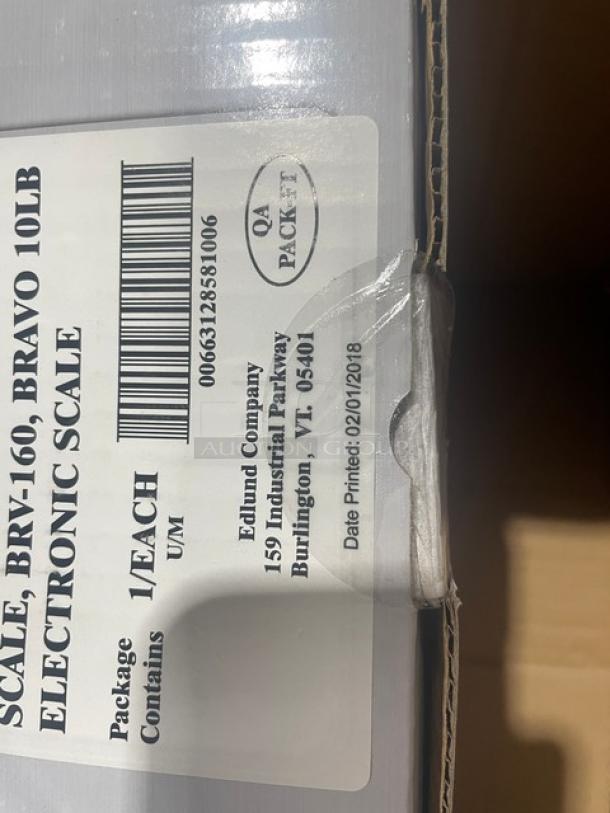 Brand new Edlund Bravo Series BRV160 scale box, showing label with model, barcode, and date printed: 02/01/2018.