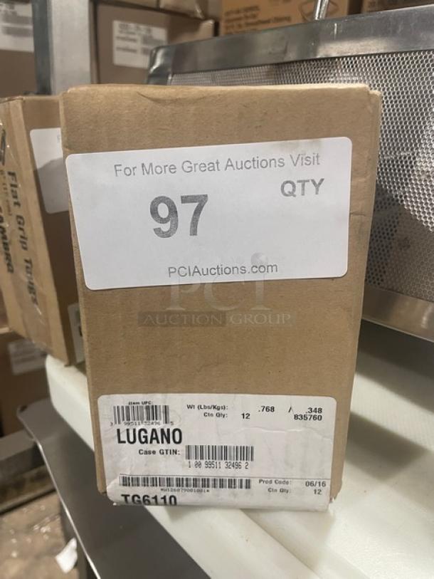 Box of Cambro Lugano Series black 6” flat-grip serving tongs, model TG6110. Brand new, 12 per case, labeled for auction.