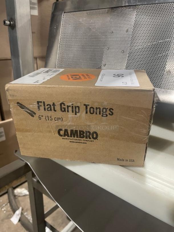 Cambro Lugano Series TG6110 black flat-grip serving tongs, 6-inch, box of 12. New condition. Made in USA.