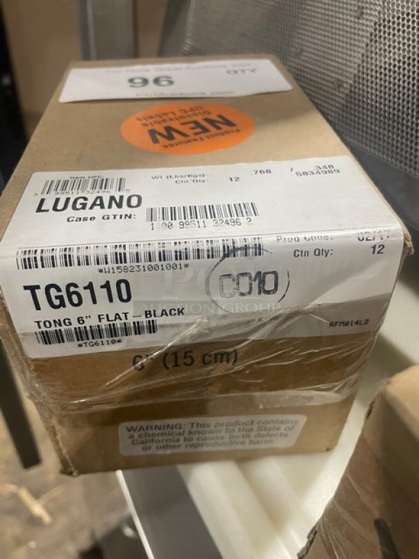 Box of Cambro Lugano Series black 6” flat-grip serving tongs, model TG6110, brand new, 12 per case.