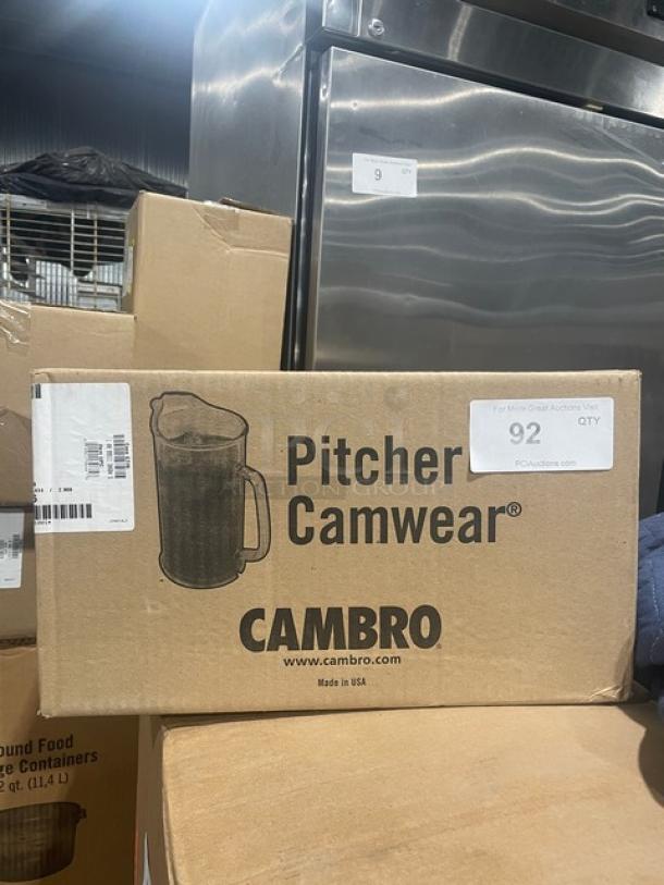 Brand new Cambro Camwear Series 60 oz clear beverage pitcher, model P60CW135, in original packaging.