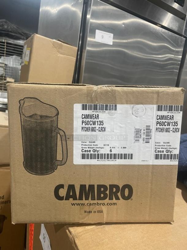 Cambro Camwear Series 60 oz. clear beverage serving pitcher, model P60CW135, new in packaging. Box of 6.